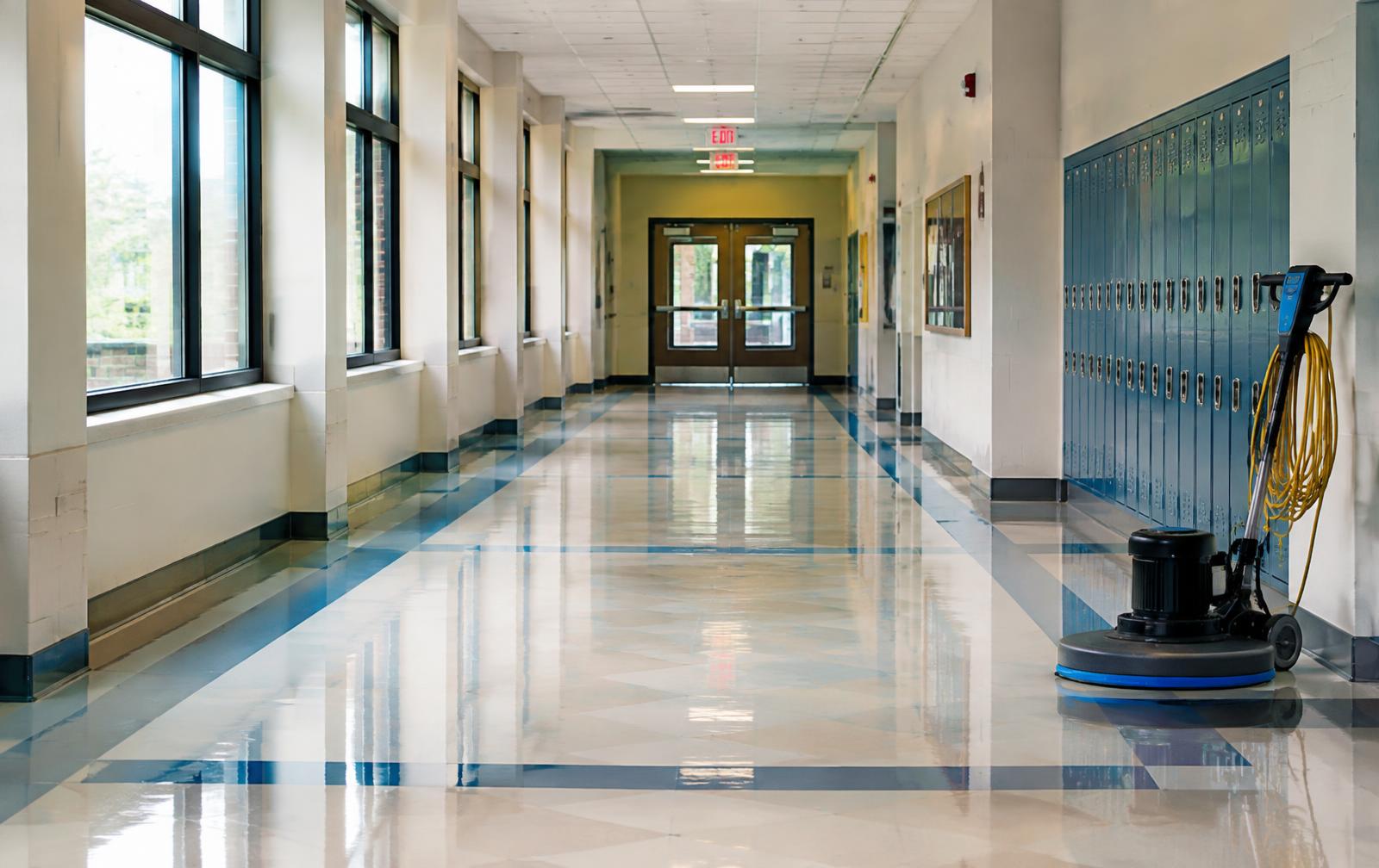 Freshly polished school hallway floor
