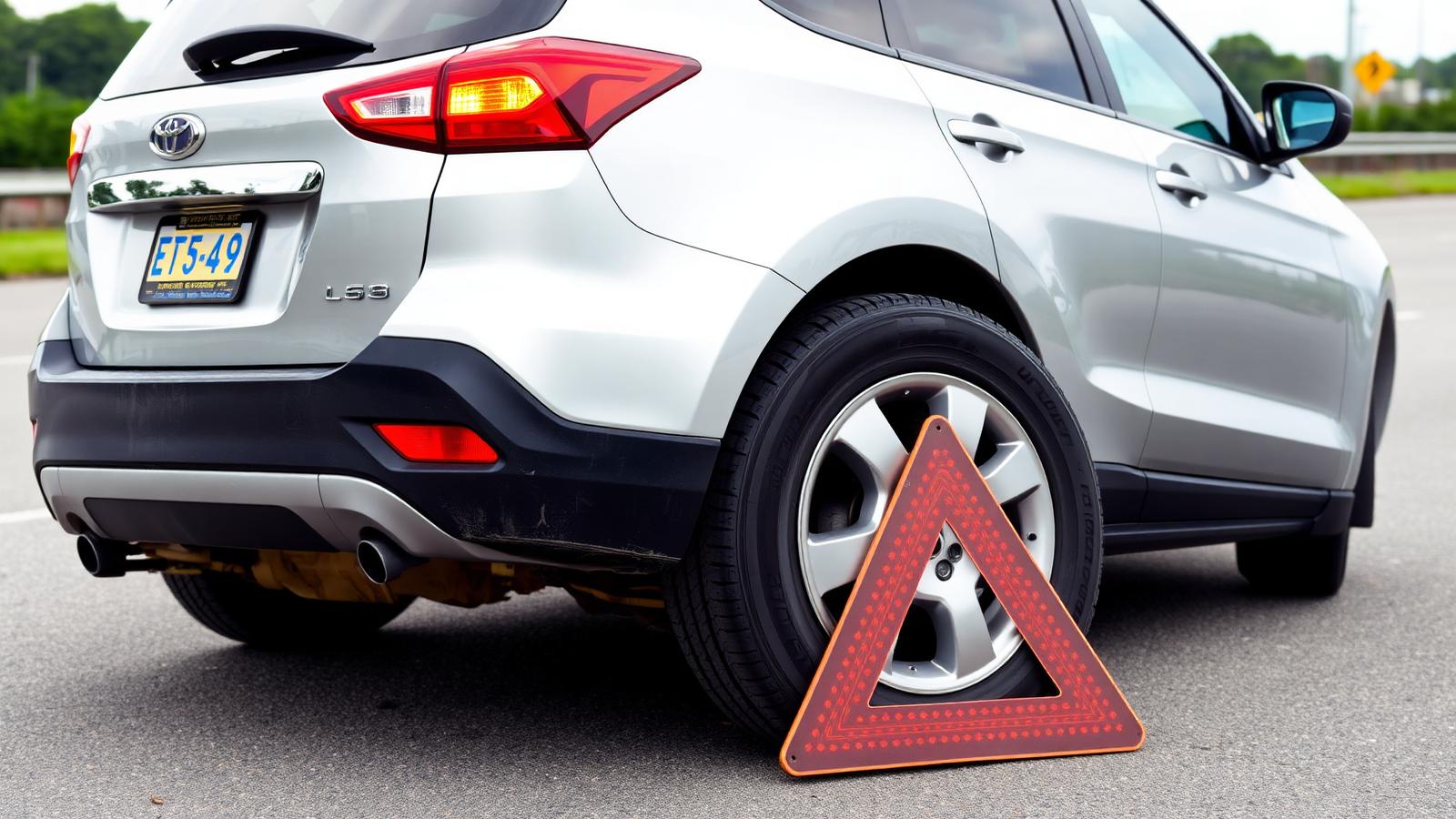 Car with a flat rear tire pulled onto a highway shoulder with hazard lights on