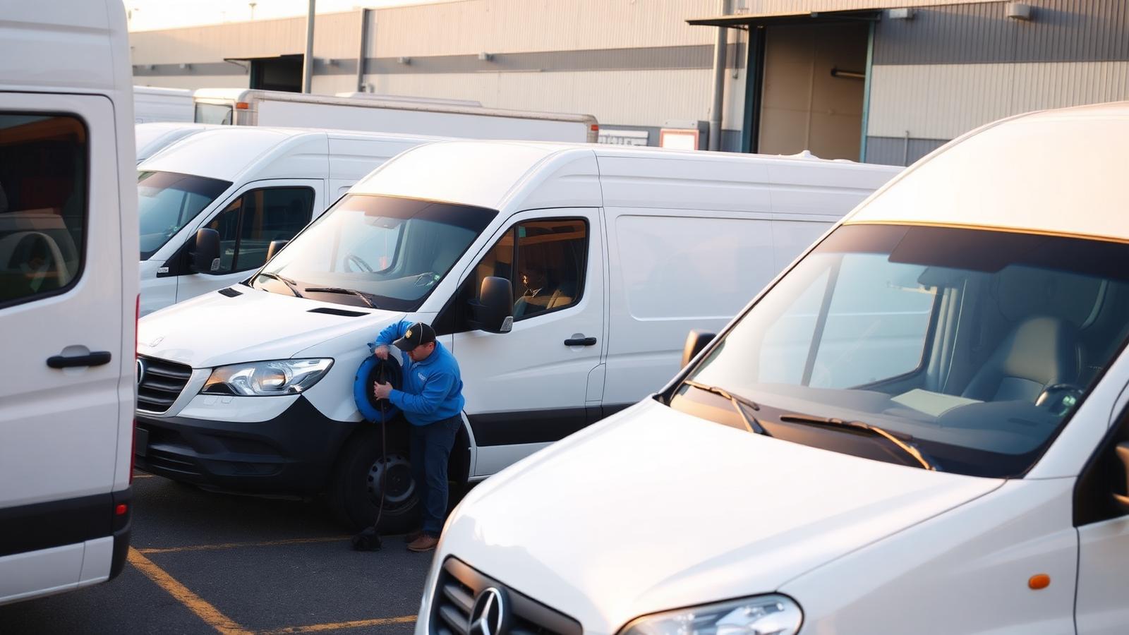 Row of commercial delivery vans at a fleet yard with a technician checking a tire