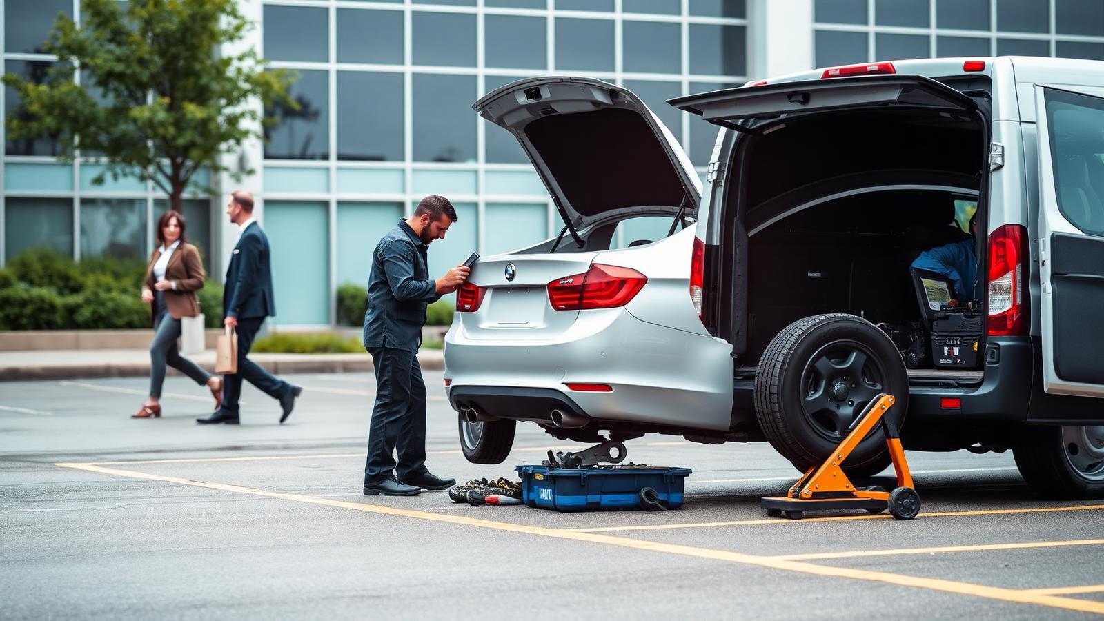 Mobile tire technician servicing a car in an office parking lot
