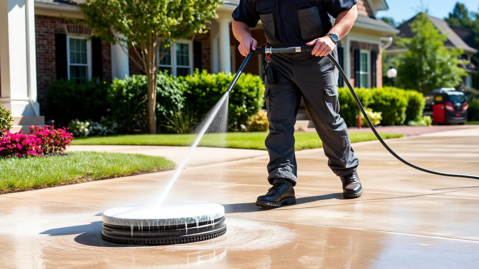 Professional pressure washing a driveway at a Raleigh NC home