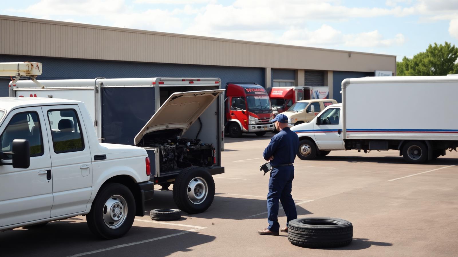 Work trucks and box vans at a contractor lot receiving on-site tire service