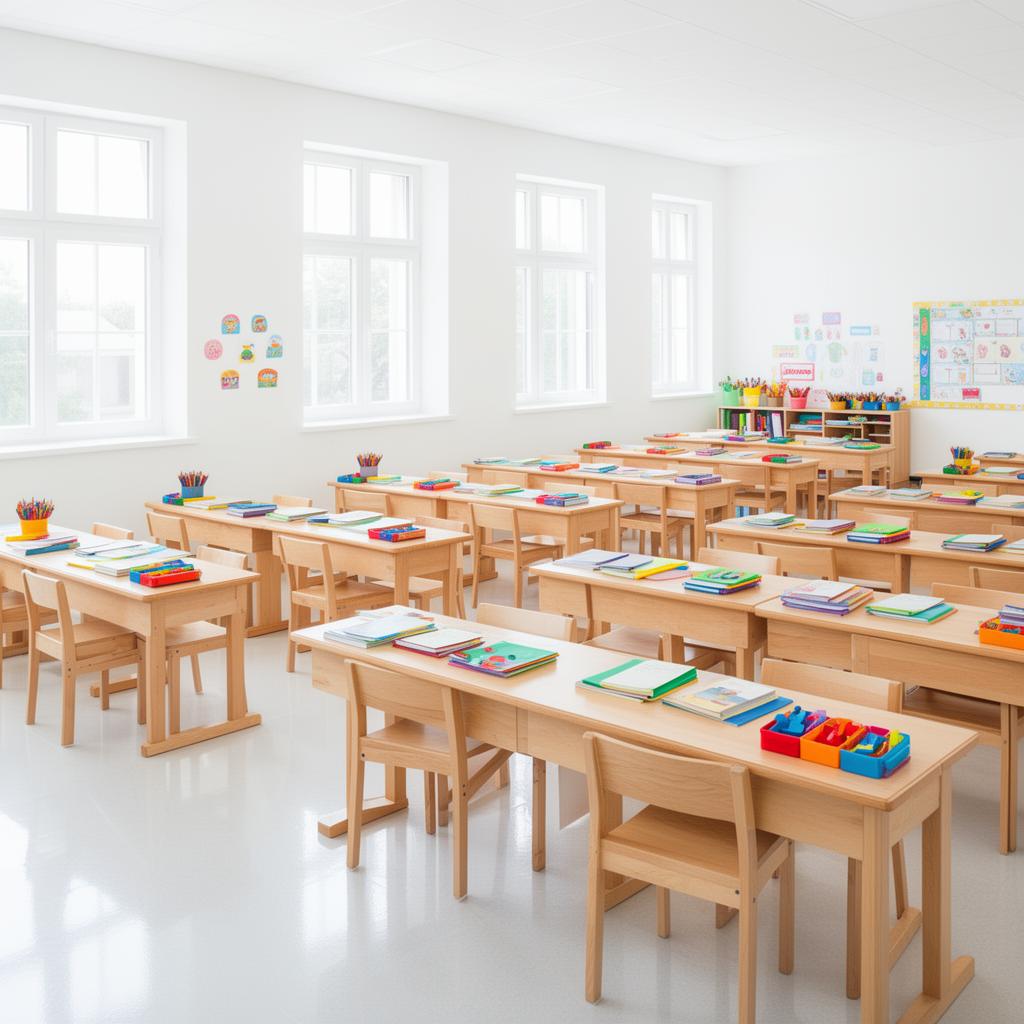 Bright, clean elementary school classroom freshly sanitized