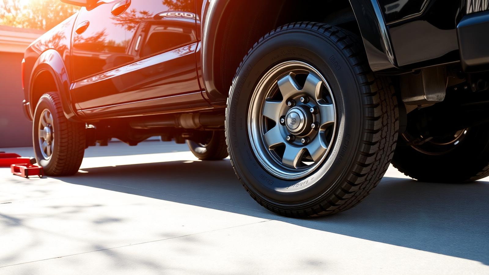 Pickup truck tires during a rotation service in a driveway