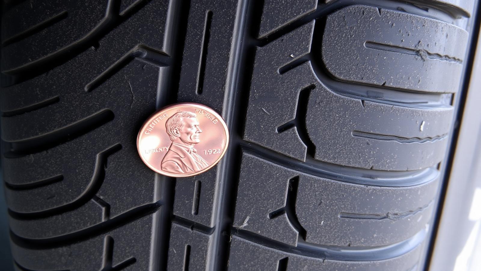 Close-up of worn tire tread being measured